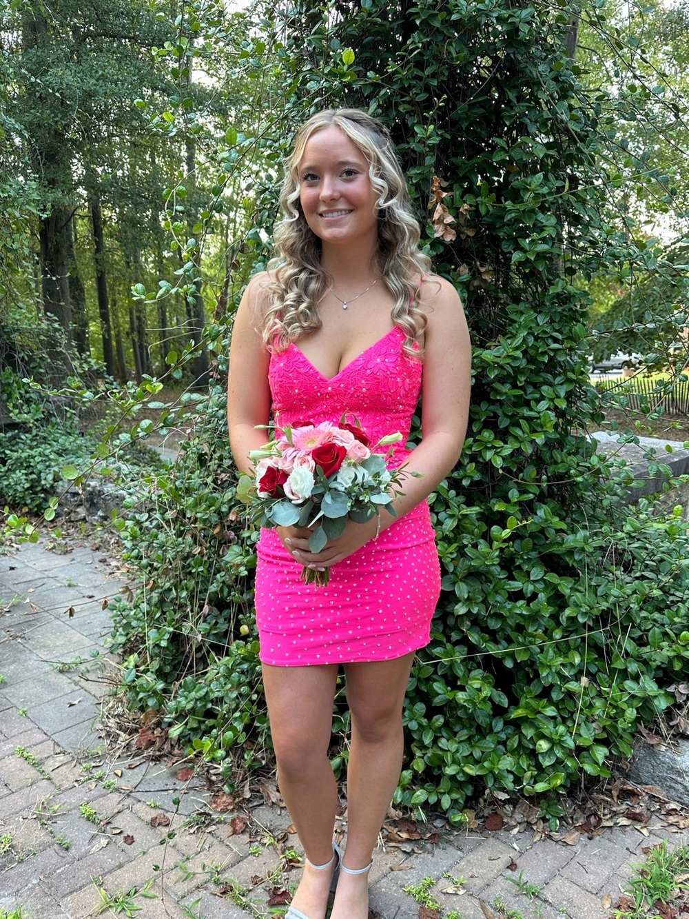 Hot Pink Embellished V-Neck Mini Dress